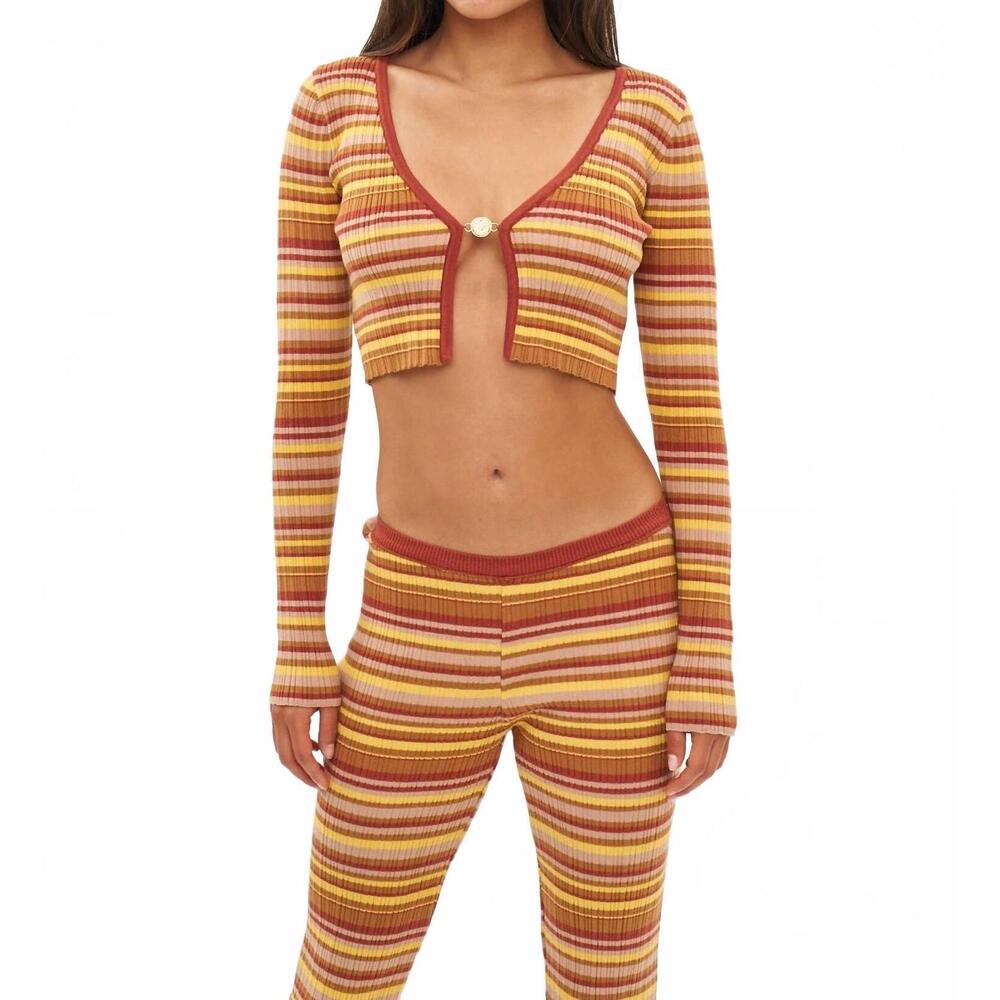 NEW BANANHOT ann cropped long-sleeve cardigan in jack toffee rib stripes